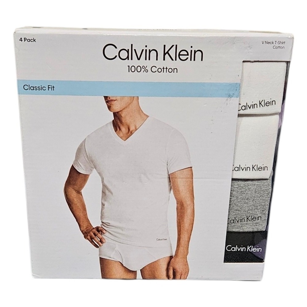 Calvin Klein Mens 4 Pack Classic Fit V-Neck T-Shirts White Black Cotton Medium